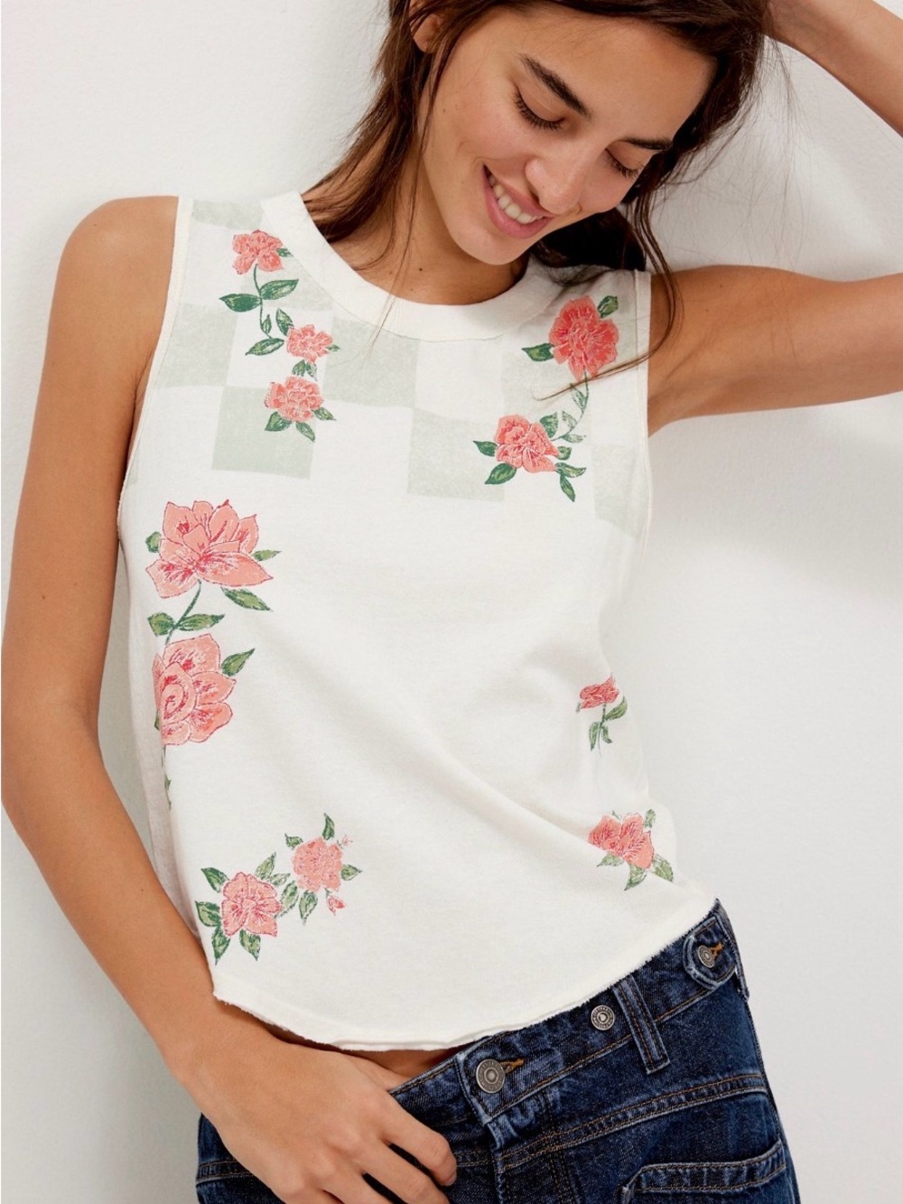 Floral Knit Sleeveless Top - Ivory with Pink Roses
